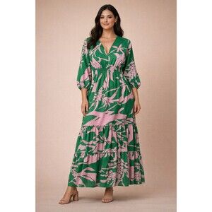 Taylor women’s maxi dress in green and pink floral print with a V-neckline,...